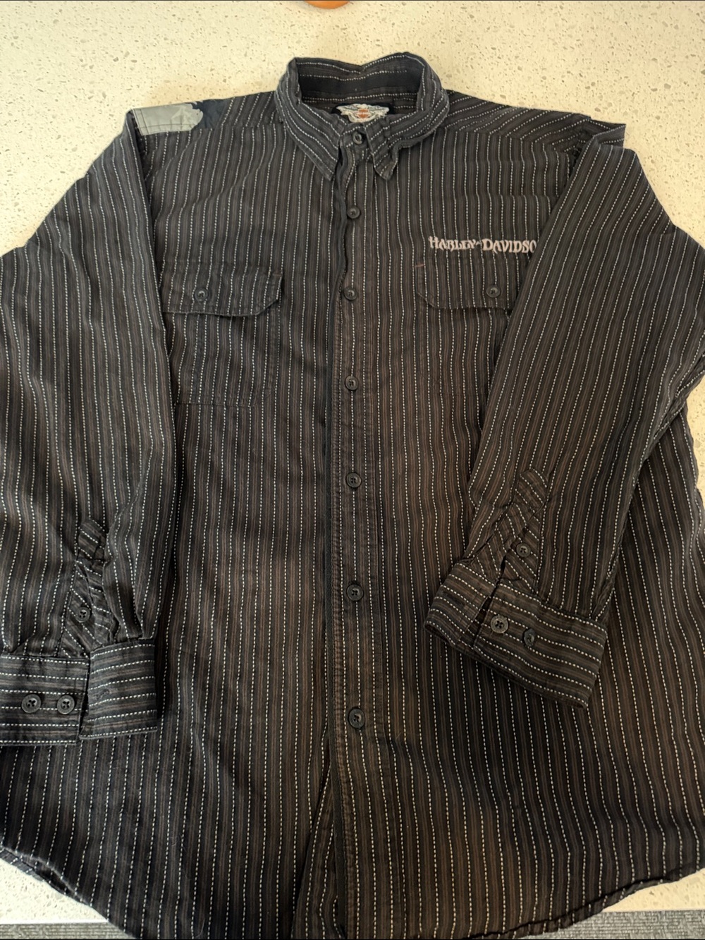 Harley-Davidson Men’s Black Pinstripe Button-Down Shirt with White Stitching